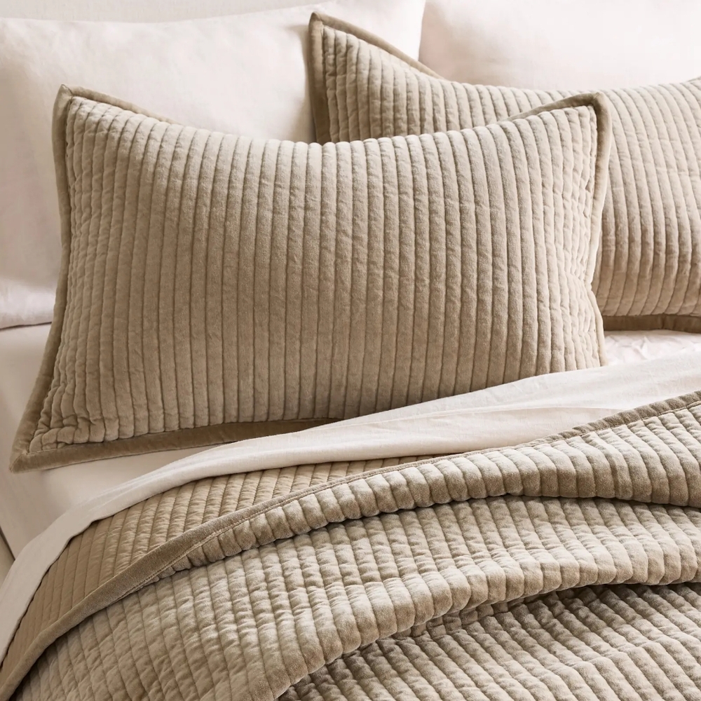 Cotton Velvet Channel Quilted Sham Set In Light Taupe King Size